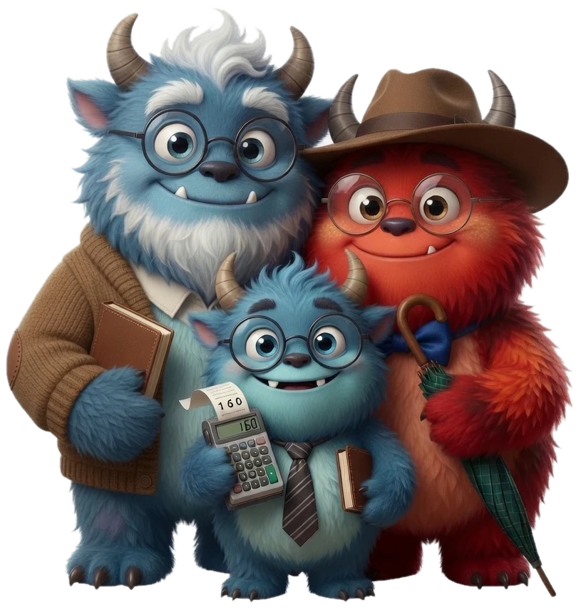 The Finance Beasts family: Froogal the retirement elder, Morty the mortgage numbers-nerd with his calculator, and Robert the insurance beast with his umbrella.
